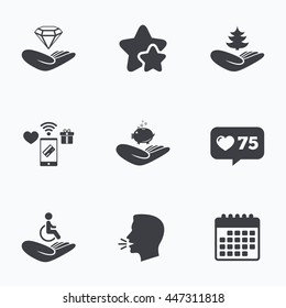 Helping hands icons. Protection and insurance symbols. Financial money savings, save forest. Diamond brilliant sign. Disabled human. Flat talking head, calendar icons. Stars, like counter icon. Vector