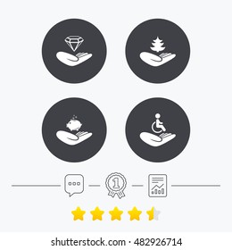 Helping hands icons. Protection and insurance symbols. Financial money savings, save forest. Diamond brilliant sign. Disabled human. Chat, award medal and report linear icon. Star vote ranking. Vector