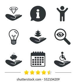 Helping hands icons. Protection and insurance symbols. Financial money savings, save forest. Diamond brilliant sign. Disabled human. Information, light bulb and calendar icons. Investigate magnifier