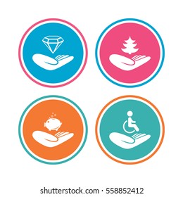 Helping hands icons. Protection and insurance symbols. Financial money savings, save forest. Diamond brilliant sign. Disabled human. Colored circle buttons. Vector