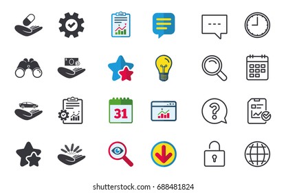 Helping hands icons. Protection and insurance symbols. Save money, car and health medical insurance. Agriculture wheat sign. Chat, Report and Calendar signs. Stars, Statistics and Download icons