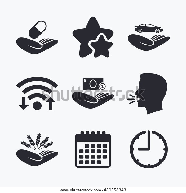 Helping hands icons. Protection and insurance\
symbols. Save money, car and health medical insurance. Agriculture\
wheat sign. Wifi internet, favorite stars, calendar and clock.\
Talking head. Vector