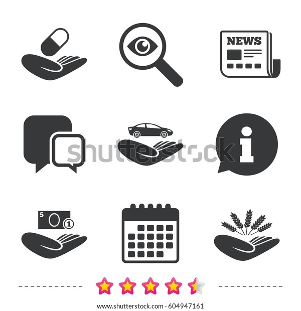 Helping hands\
icons. Protection and insurance symbols. Save money, car and health\
medical insurance. Agriculture wheat sign. Newspaper, information\
and calendar icons.\
Vector
