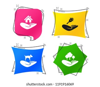 Helping hands icons. Shelter for dogs symbol. Home house or real estate and key signs. Save nature forest. Geometric colorful tags. Banners with flat icons. Trendy design. Vector