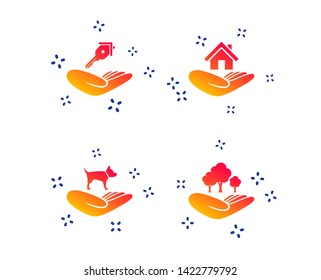 Helping hands icons. Shelter for dogs symbol. Home house or real estate and key signs. Save nature forest. Random dynamic shapes. Gradient insurance icon. Vector
