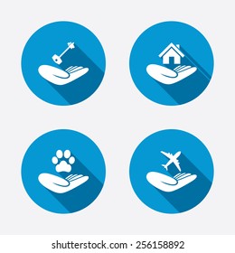 Helping hands icons. Shelter for dogs symbol. Home house or real estate and key signs. Flight trip insurance. Circle concept web buttons. Vector