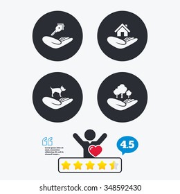 Helping hands icons. Shelter for dogs symbol. Home house or real estate and key signs. Save nature forest. Star vote ranking. Client like and think bubble. Quotes with message.