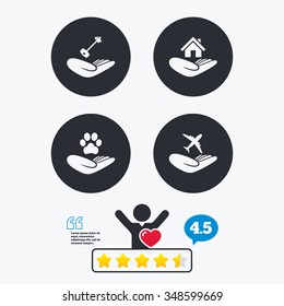 Helping hands icons. Shelter for dogs symbol. Home house or real estate and key signs. Flight trip insurance. Star vote ranking. Client like and think bubble. Quotes with message.