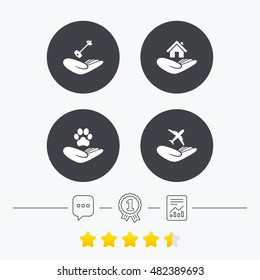 Helping hands icons. Shelter for dogs symbol. Home house or real estate and key signs. Flight trip insurance. Chat, award medal and report linear icons. Star vote ranking. Vector