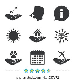 Helping hands icons. Shelter for dogs symbol. Home house or real estate and key signs. Flight trip insurance. Information, go to web and calendar icons. Sun and loud speak symbol. Vector