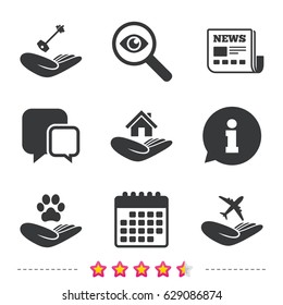 Helping hands icons. Shelter for dogs symbol. Home house or real estate and key signs. Flight trip insurance. Newspaper, information and calendar icons. Investigate magnifier, chat symbol. Vector