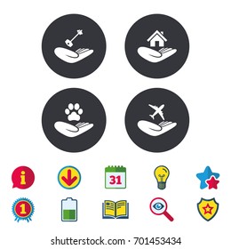 Helping hands icons. Shelter for dogs symbol. Home house or real estate and key signs. Flight trip insurance. Calendar, Information and Download signs. Stars, Award and Book icons. Vector