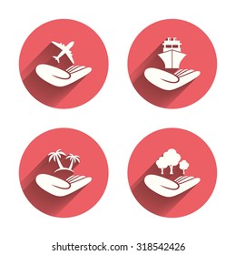 Helping hands icons. Travel flight or shipping insurance symbol. Palm tree sign. Save nature forest. Pink circles flat buttons with shadow. Vector