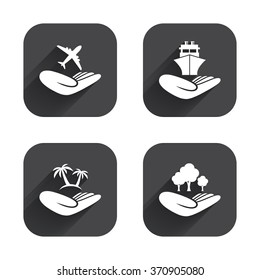 Helping hands icons. Travel flight or shipping insurance symbol. Palm tree sign. Save nature forest. Square flat buttons with long shadow.