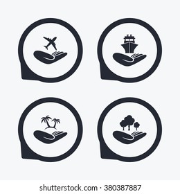Helping hands icons. Travel flight or shipping insurance symbol. Palm tree sign. Save nature forest. Flat icon pointers.