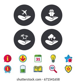 Helping hands icons. Travel flight or shipping insurance symbol. Palm tree sign. Save nature forest. Calendar, Information and Download signs. Stars, Award and Book icons. Vector