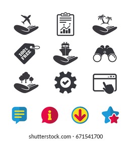 Helping hands icons. Travel flight or shipping insurance symbol. Palm tree sign. Save nature forest. Browser window, Report and Service signs. Binoculars, Information and Download icons. Vector