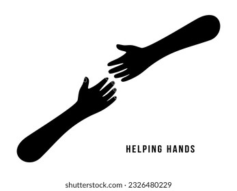 Helping hands in minimal style. Concept of Rescue or helping gesture of arms. Two hands isolated on white background. Black and white or monochrome silhouette. Vector illustration