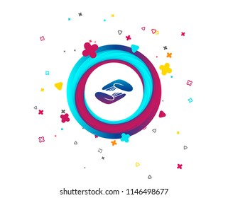 Helping hands sign icon. Charity or endowment symbol. Human palm. Colorful button with icon. Geometric elements. Vector