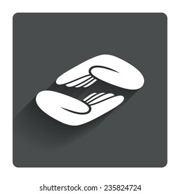 Helping hands sign icon. Charity or endowment symbol. Human palm. Gray flat square button with shadow. Modern UI website navigation. Vector