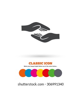 Helping hands sign icon. Charity or endowment symbol. Human palm. Classic flat icon. Colored circles. Vector