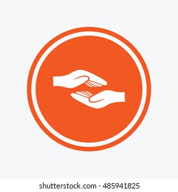 Helping hands sign icon. Charity or endowment symbol. Human palm. Graphic design element. Flat helping hands symbol on the round button. Vector