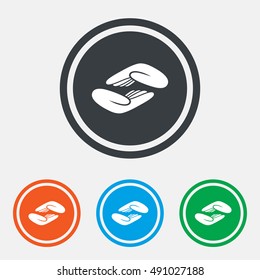 Helping hands sign icon. Charity or endowment symbol. Human palm. Graphic design web element. Flat helping hands symbol on the round button. Vector