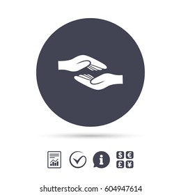 Helping hands sign icon. Charity or endowment symbol. Human palm. Report document, information and check tick icons. Currency exchange. Vector