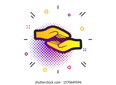 Helping hands sign icon. Halftone dots pattern. Charity or endowment symbol. Human palm. Classic flat charity icon. Vector