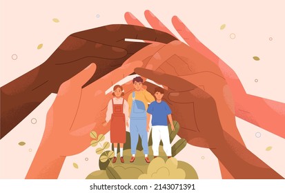 Helping hands taking care about kids. Charitable support and protection of children concept. Society, charity community protecting, upbringing orphans, girls and boys. Flat vector illustration