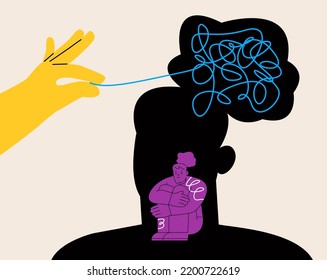 Helping hands unravel the clutter of thoughts of a woman with mental disorders.  Psychology concept. Colorful vector illustration
