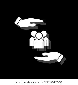 Helping hands. White flat simple icon with shadow