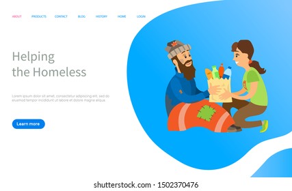 Helping to homeless, woman volunteer giving products to beggar man, charity online for vagabond, poor people, social volunteering, share vector. Website or slider app, landing page flat style