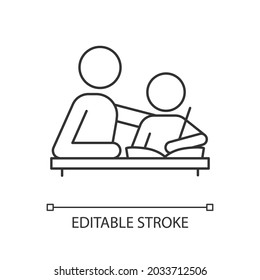 Hilfe mit linearen Hausaufgaben Symbol. Das Kind zum Lernen zu ermutigen. Beteiligung der Eltern. Dünne, anpassbare Illustration. Contour-Symbol. Vektor-einzelne Rahmenzeichnung. Bearbeitbarer Hub