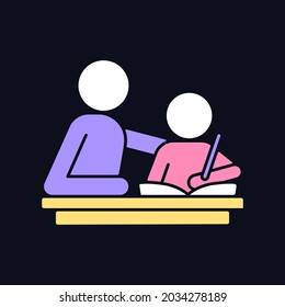 Helping with homework RGB color icon for dark theme. Encouraging child to study. Parental involvement. Isolated vector illustration on night mode background. Simple filled line drawing on black