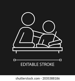 Helping with homework white linear icon for dark theme. Praising, encouraging child to study. Thin line customizable illustration. Isolated vector contour symbol for night mode. Editable stroke