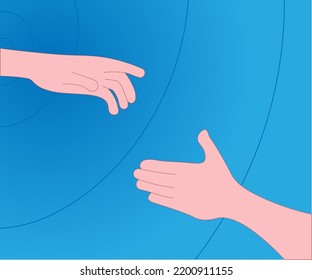 Helping Human Hand Isolated On Blue Blurry Background. Mutual Aid, Support In Difficulty And Help In Trouble Metaphor. Flat Art Vector Illustration