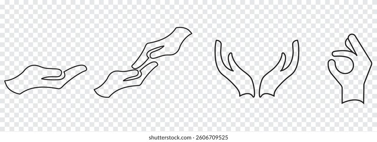 Helping icon. Hand reaches out to hand. shape of a heart. Monochrome black and white symbol.