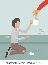 Ajudando o homem a prover algum dinheiro a um homem pobre. Ilustração de vetor de desenhos animados.    