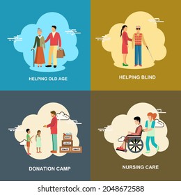 Helping old age and blind, donation camp, nurse care flat vector collection icon set