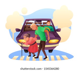 Helping old lady cross street vector illustration. Young man assisting pensioner on crosswalk. Cheerful driver waiting in car. Mutual support, human compassion, respect for elderly people concept