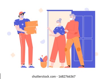 Helping the older generation during a pandemic and quarantine. Food and drug delivery to the door. A courier with boxes, grandparents in protective masks are waiting for goods. Vector illustration.