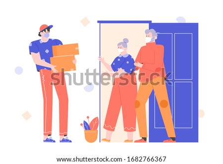 Helping the older generation during a pandemic and quarantine. Food and drug delivery to the door. A courier with boxes, grandparents in protective masks are waiting for goods. Vector illustration.