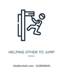 helping other to jump thin line icon. help, jump linear icons from people concept isolated outline sign. Vector illustration symbol element for web design and apps.