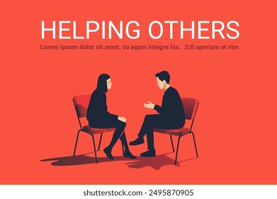 Helping others Mental Health Concept Two people sitting on chairs talking against a red background Psychology Concept