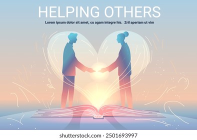 Helping Others Mental Health Concept Zwei Menschen stehen und erreichen einander mit glühendem Licht aus einem offenen Buch herzförmigen hellen Hintergrund