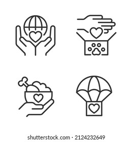 Helping others pixel perfect linear icons set. Charitable organization. Animal donation. Hand out free food. Customizable thin line symbols. Isolated vector outline illustrations. Editable stroke