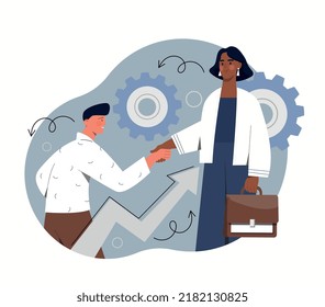 Ayuda al concepto de socio. La mujer le da la mano al hombre, ayudándole. Colaboración, asociación y cooperación empresarial, emprendedor e inversor, colegas. Dibujo vectorial plano de dibujos animados