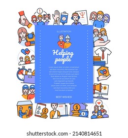 Ayudar a la gente - pancarta de diseño plano vectorial colorido con espacio de copia para el texto. Asistencia moral y física a niños, adultos y ancianos que se encuentran en una situación difícil