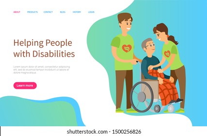 Helping people with disabilities vector, man and woman caring for person sitting in wheelchair, character covered with warm blanket volunteers. Website or slider app, landing page flat style